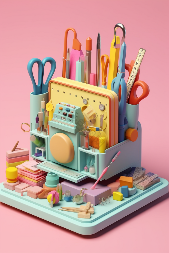 清洁用品与文具用品的矢量数字艺术融合